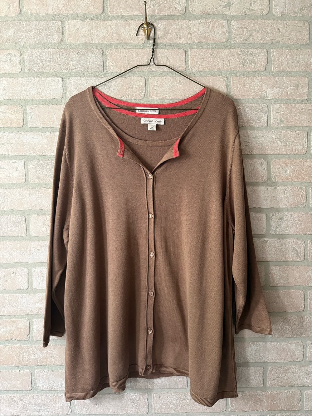 Coldwater Creek Silk Cotton 2-Piece Sweater Set Cocoa Brown w/ Coral Trim 20-22